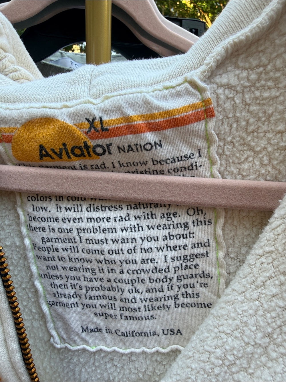 Aviator Nation Off-White Zip Hoodie with Yellow-Orange-Red-Blue Stripes - Picture 2 of 4